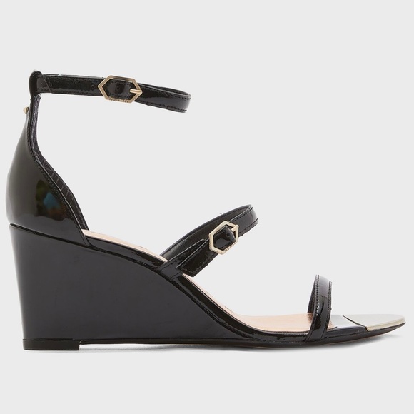 TED BAKER Weliin Black Patent Leather Wedge Sandal Ankle Strap Heels Pumps Shoes - Picture 8 of 13